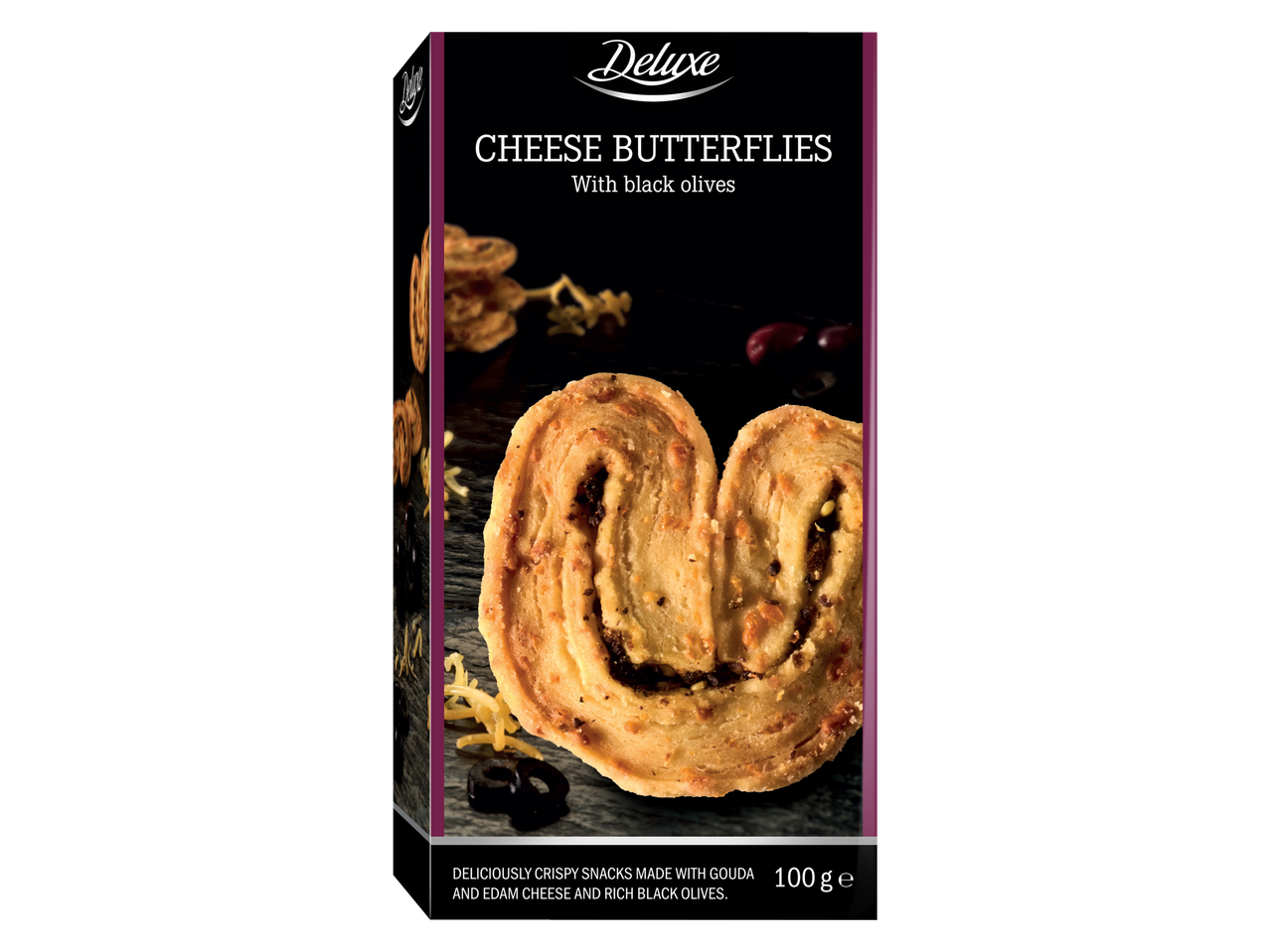 Verpakking van Deluxe kaasvlinders met zwarte olijven, 100g.