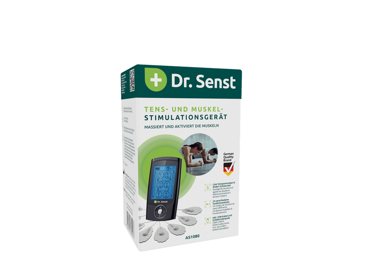 DR. SENST TENS- ir raumenų stimuliatorius su 24 funkcijomis ir 8 elektrodais.