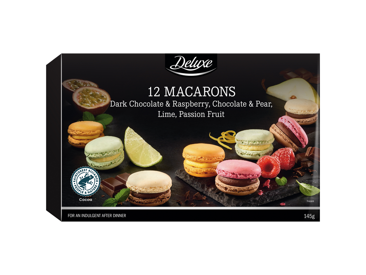 12 Deluxe makaroni: tumšā šokolāde, avenes, šokolāde & bumbieri, laims, marakujas augļi.