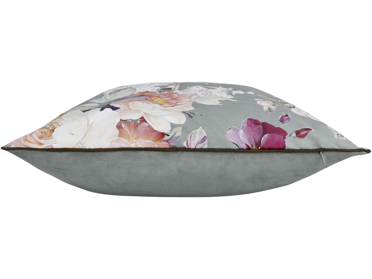 Pernă gri cu model floral și margine maro