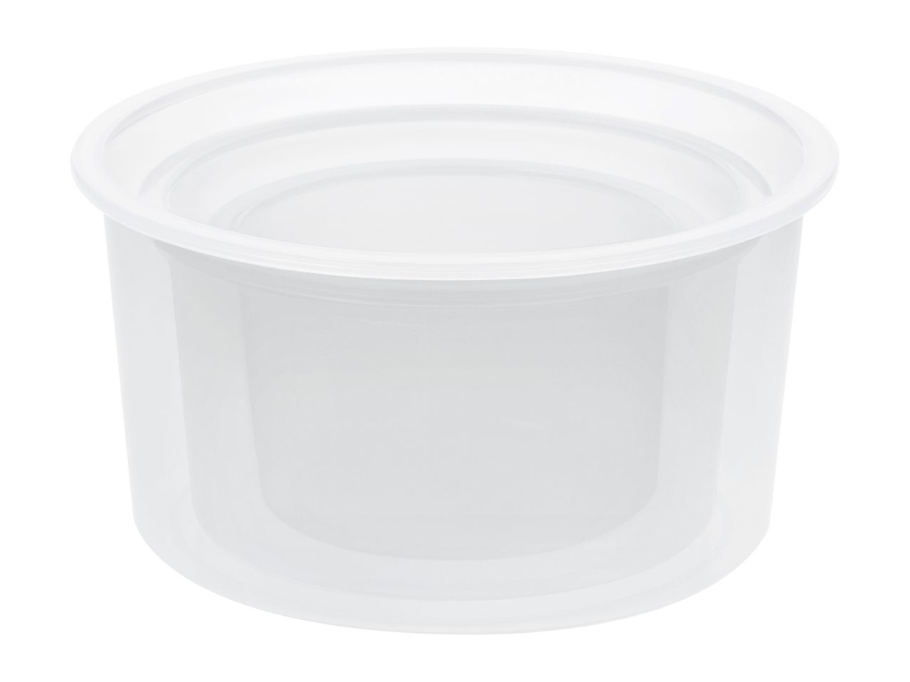 White plastic food container with a transparent lid, isolated on a white background.