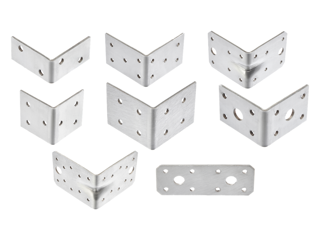 Različiti metalni kutni nosači i ravne spojne ploče s rupama za vijke.