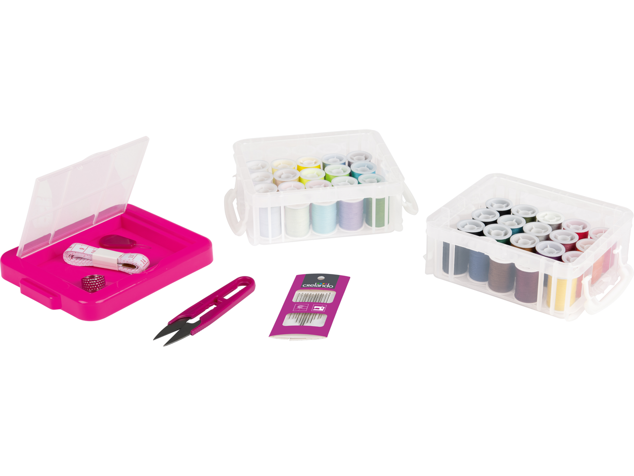 Sewing kit with thread spools, accessory box, and Crelando needles.