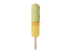Gelado de pauzinho Gelatelli Premium com dois sabores, verde e amarelo.