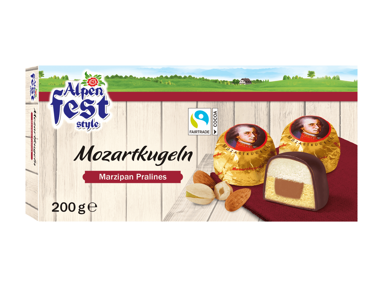 Mozartkugeln-marsipaanipraliineja, 200 g, Fairtrade-kaakaolla.