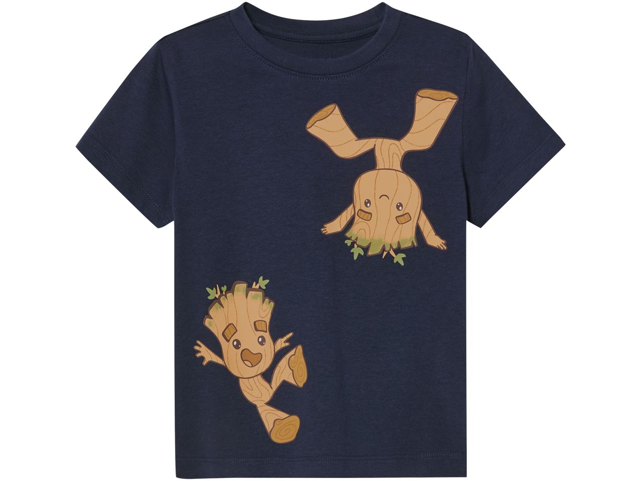 Maglietta blu scuro per bambini con due personaggi di Groot in stile cartone animato.