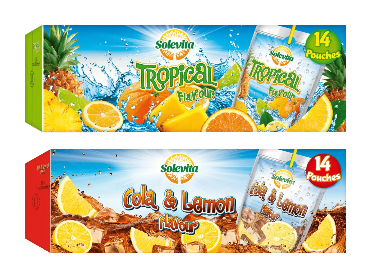 Paquets de boissons saveur tropicale et cola-citron, chacun avec 14 sachets.