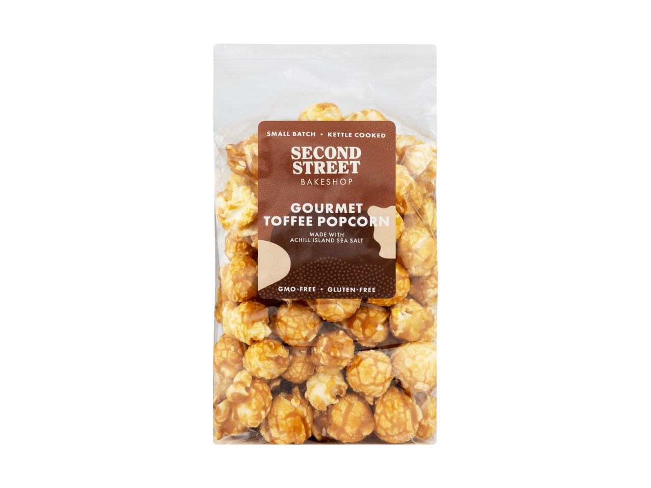 A bag of Second Street Bakeshop Gourmet Toffee Popcorn.