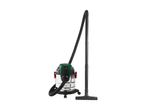 A wet and dry vacuum cleaner with a stainless steel tank and green top.