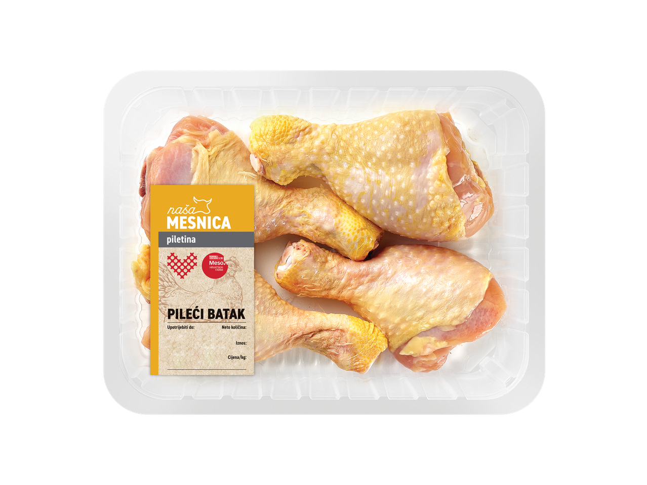 Pakiranje svježih pilećih bataka s etiketom koja prikazuje naziv proizvoda i podatke o cijeni.