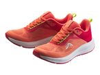 Pair of vibrant coral and red running shoes with neon yellow accents and white soles.