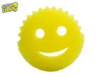 A yellow, smiley-face shaped Scrub Daddy sponge.