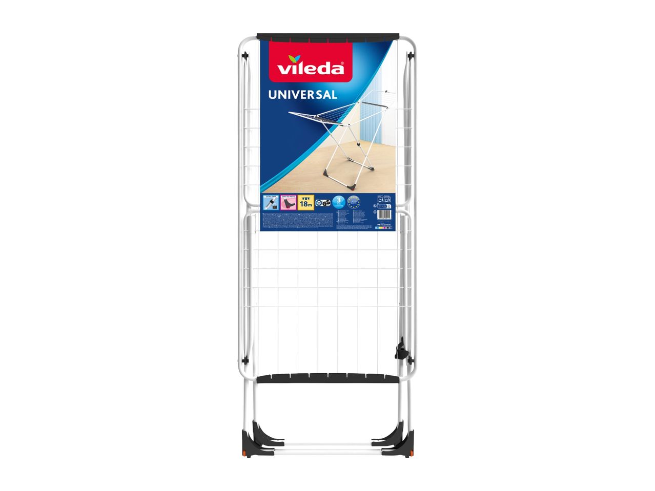 White and black clothes drying rack with product packaging showing features like 18m drying space and 3-year guarantee.