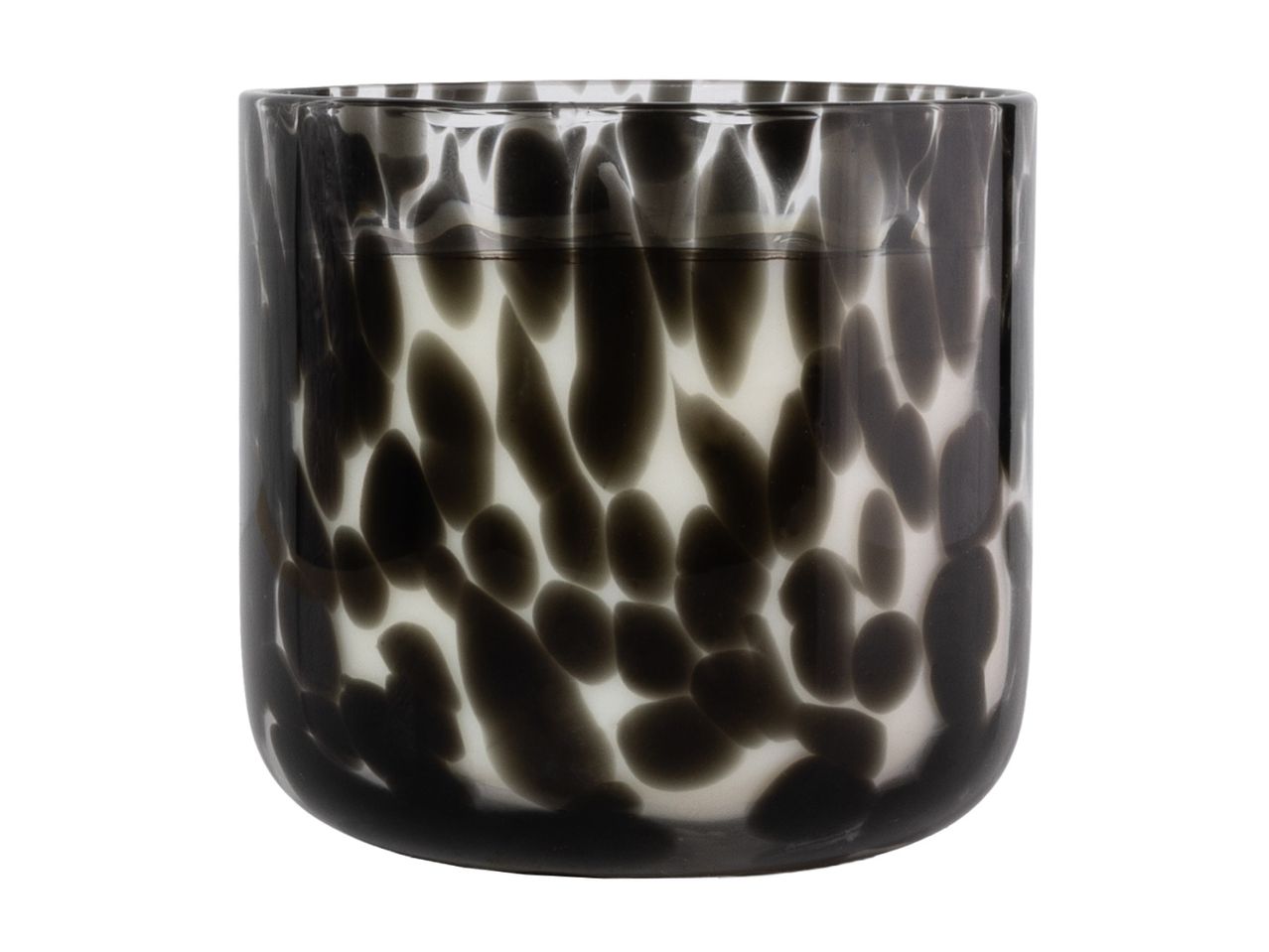 Scented candle in a decorative black and white tortoiseshell glass jar