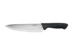 A chef's knife with a silver blade and a black handle.
