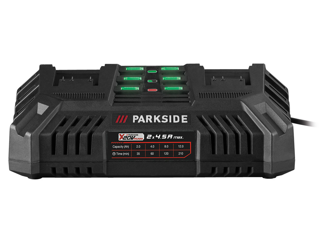 Parkside X 20V Team akumulatoru lādētājs ar jaudas un uzlādes laika informāciju.