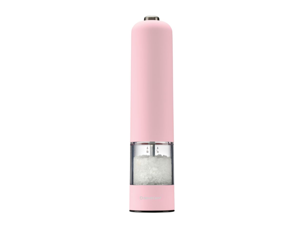 Pink electric salt or pepper grinder with a clear chamber filled with coarse salt.