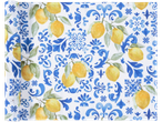Napkins and tablecloth featuring lemons and a blue and white pattern.