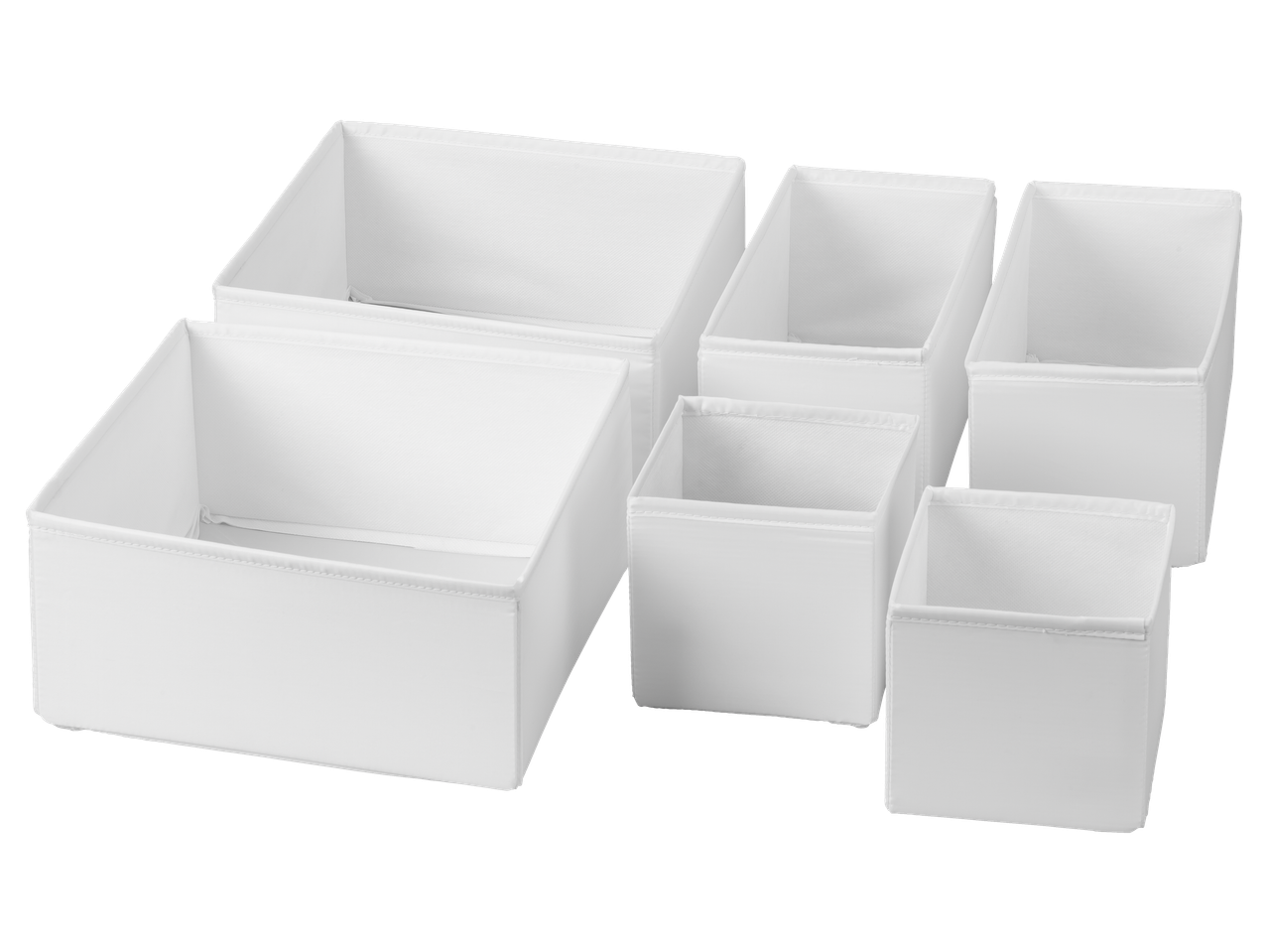 W5® opbergdozen: een set witte stoffen organizers in diverse maten.