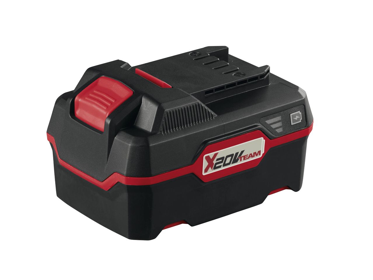 Batterie d'outil électrique noire et rouge avec logo X20V Team.