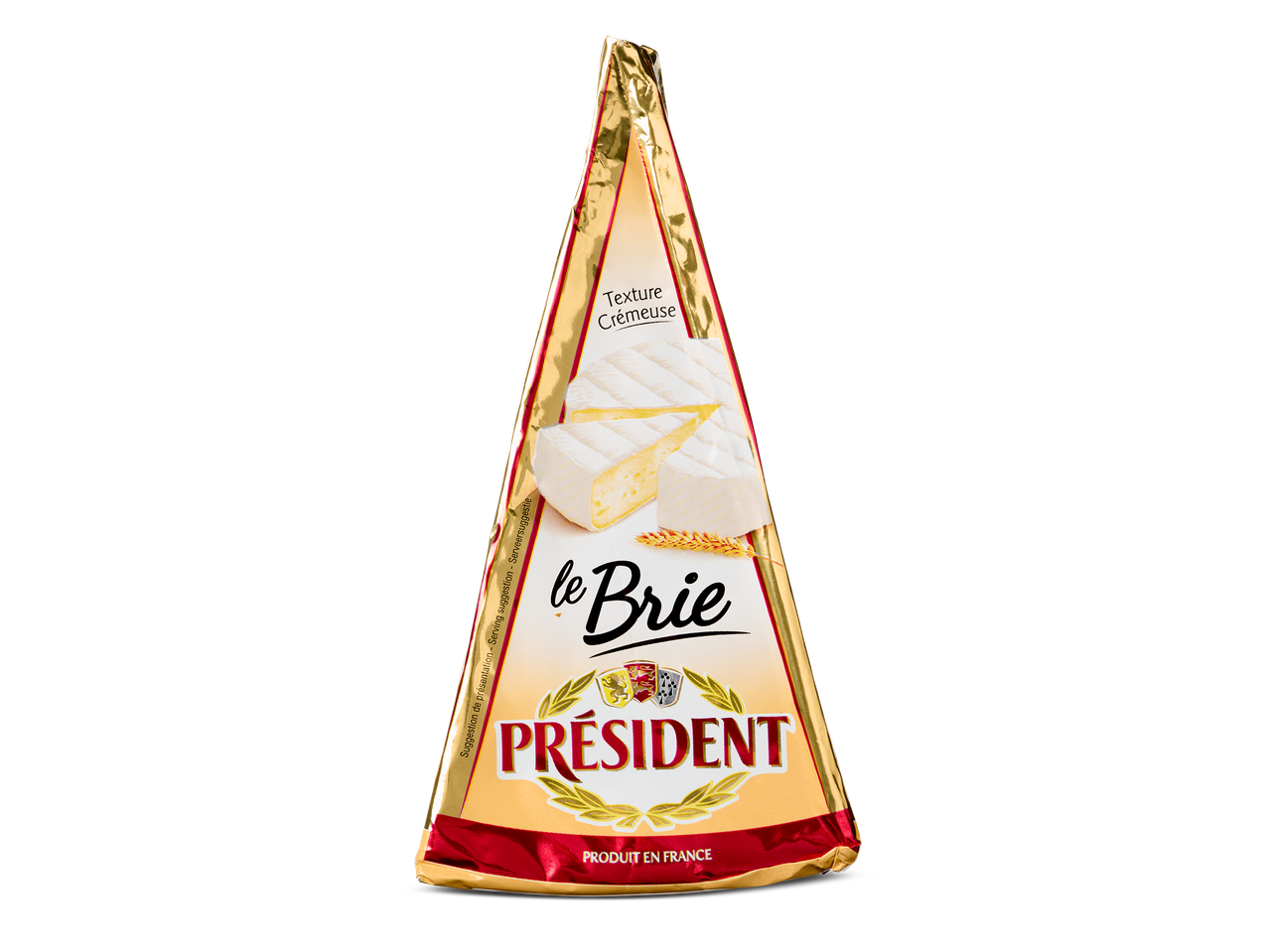 Een driehoekige verpakking van Franse brie met een romige textuur.