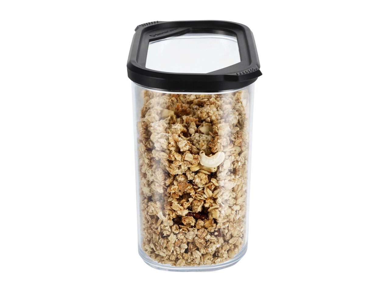 Clear food storage container filled with granola and cashews, with a black lid.