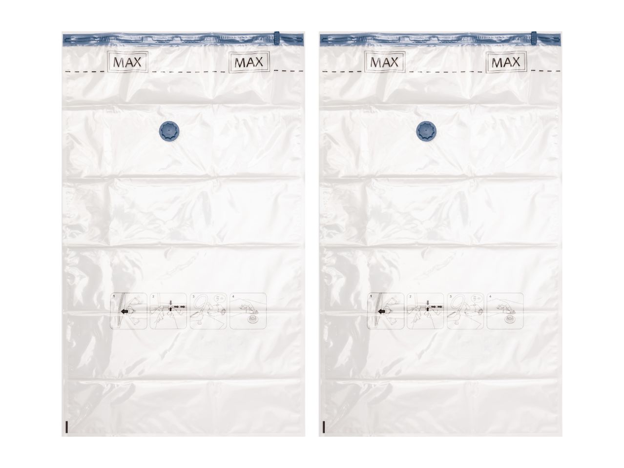 Two transparent vacuum storage bags with blue closures and instructions.