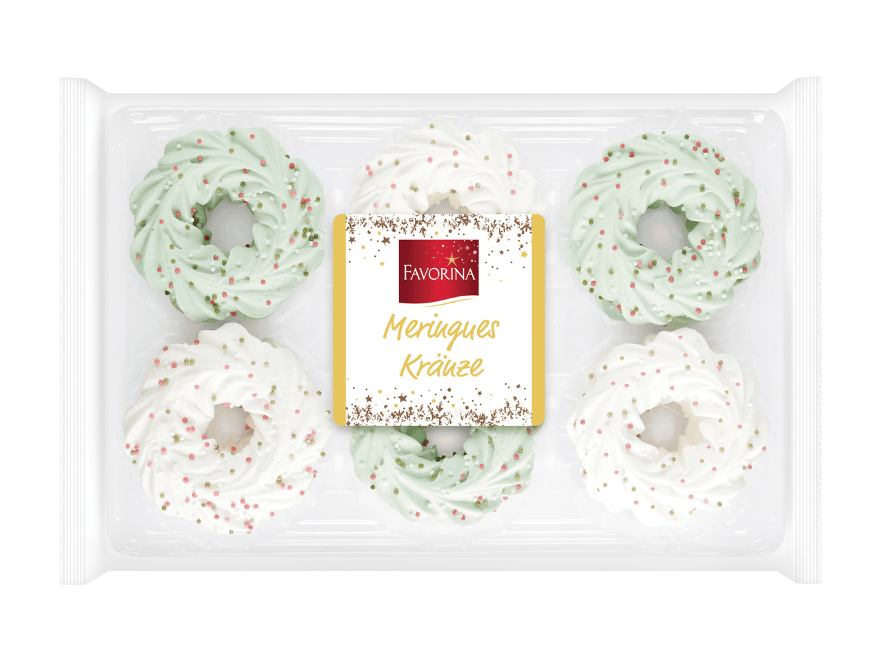 Favorina Meringues Kränze in Grün und Weiß mit Streuseln in einer Packung