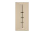 Black corner shower caddy with three wire shelves in a beige shower.