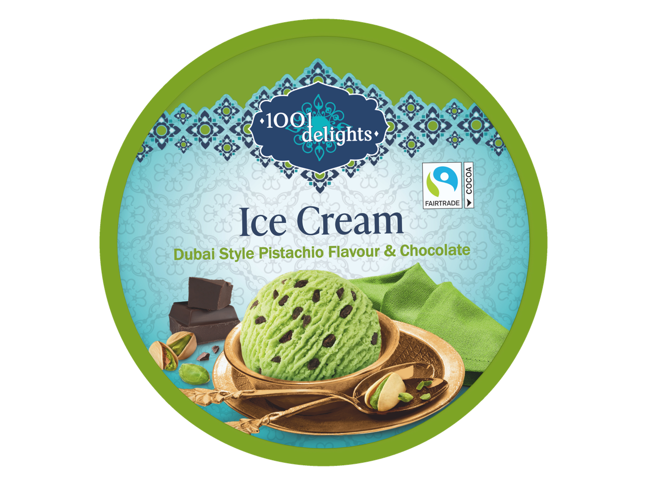 Pistachio ice cream with chocolate chips, pistachios, and chocolate chunks on a patterned background.