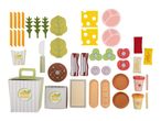 Play food set with burger ingredients, fries, drinks, and sauces in a fast-food theme.