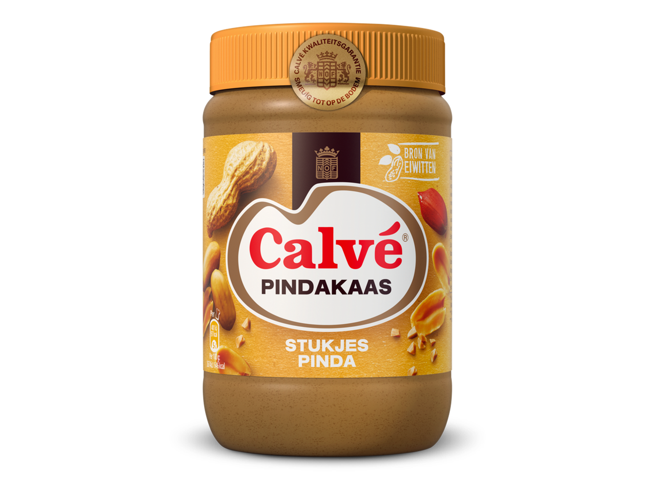 Pot pindakaas met stukjes pinda, bron van eiwitten.