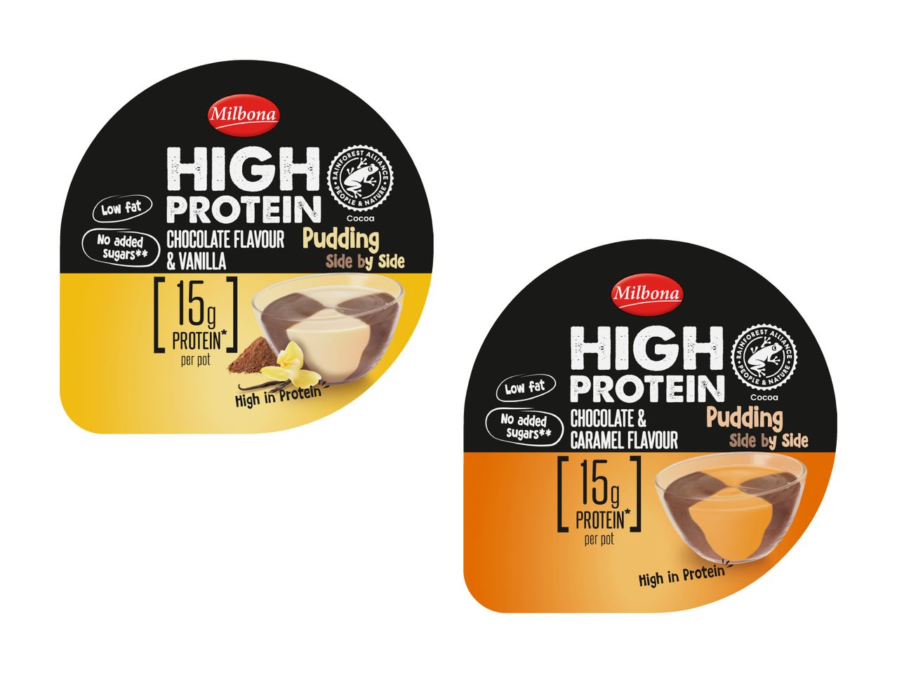 Zwei Becher High Protein Pudding.