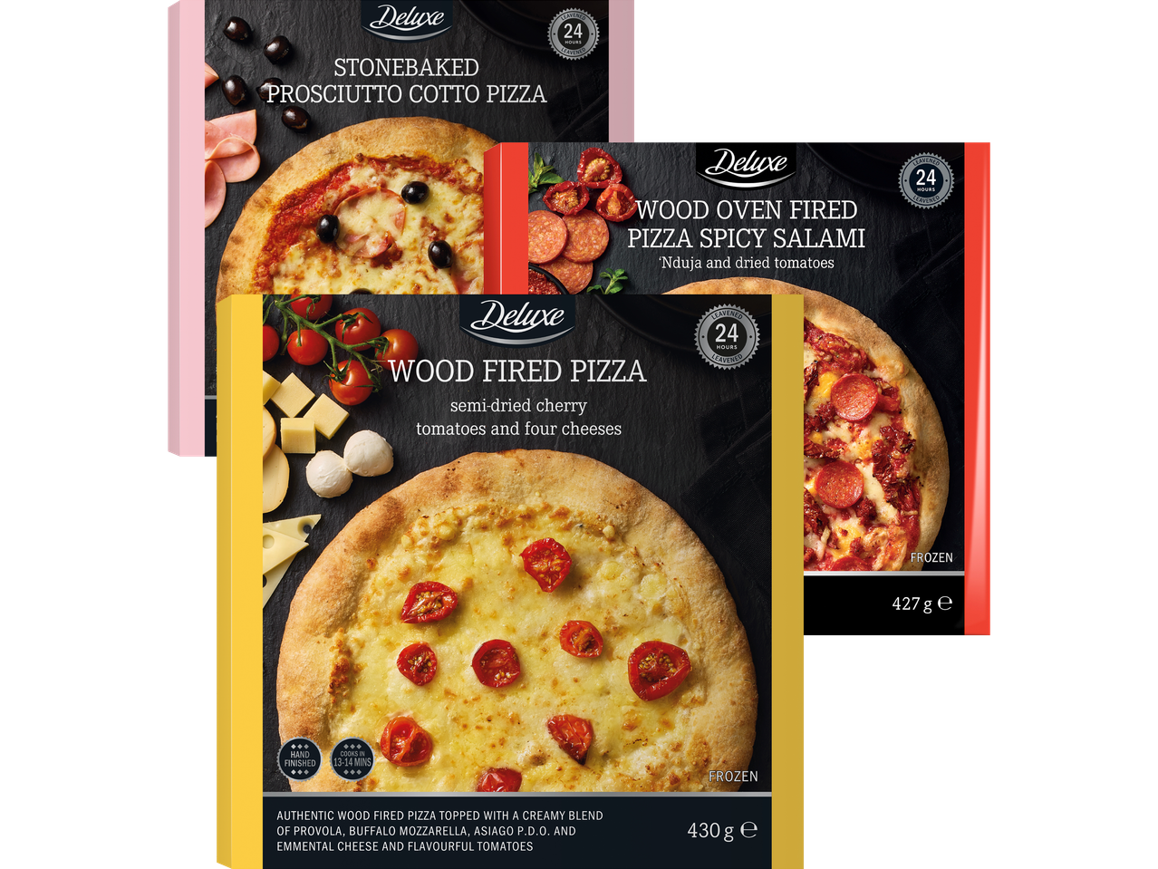 Tre frusna Deluxe pizzor