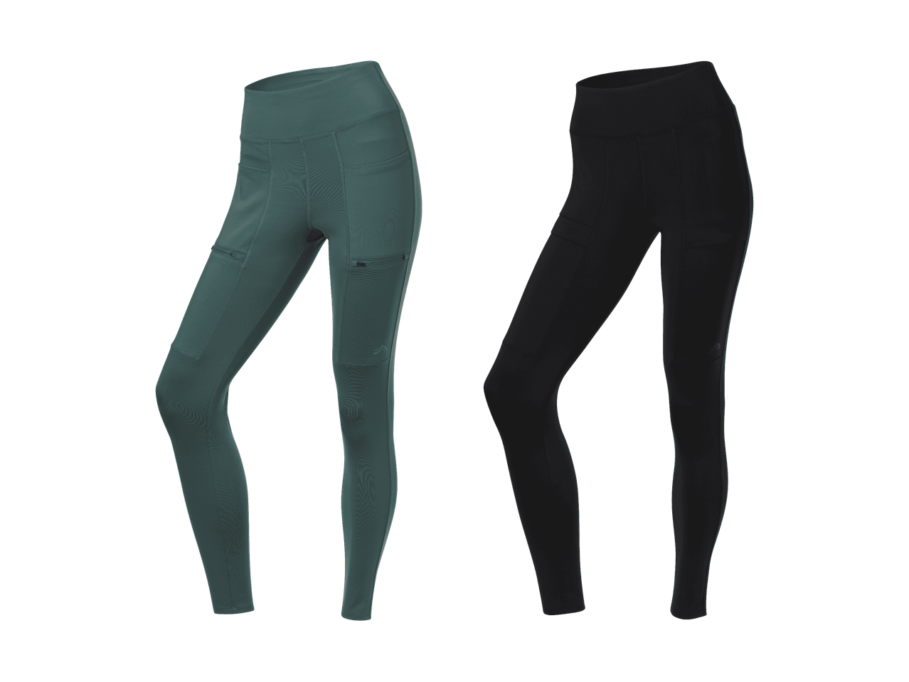 Deux leggings de sport, un vert foncé et un noir, avec des poches latérales.