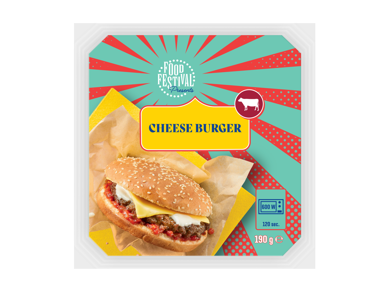 FOOD FESTIVAL Cheeseburger verpakking met pop-art design, magnetroninstructies en gewicht.