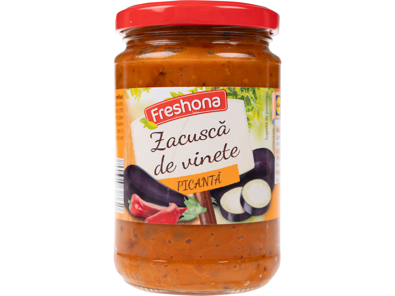 Zacuscă de vinete picantă Fresbona, un relish picant de vinete într-un borcan.