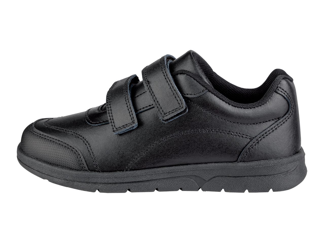A black leather children's shoe with two straps.
