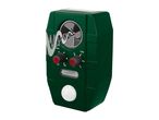 Green ultrasonic animal repeller with solar panel, two control knobs, and a motion sensor.