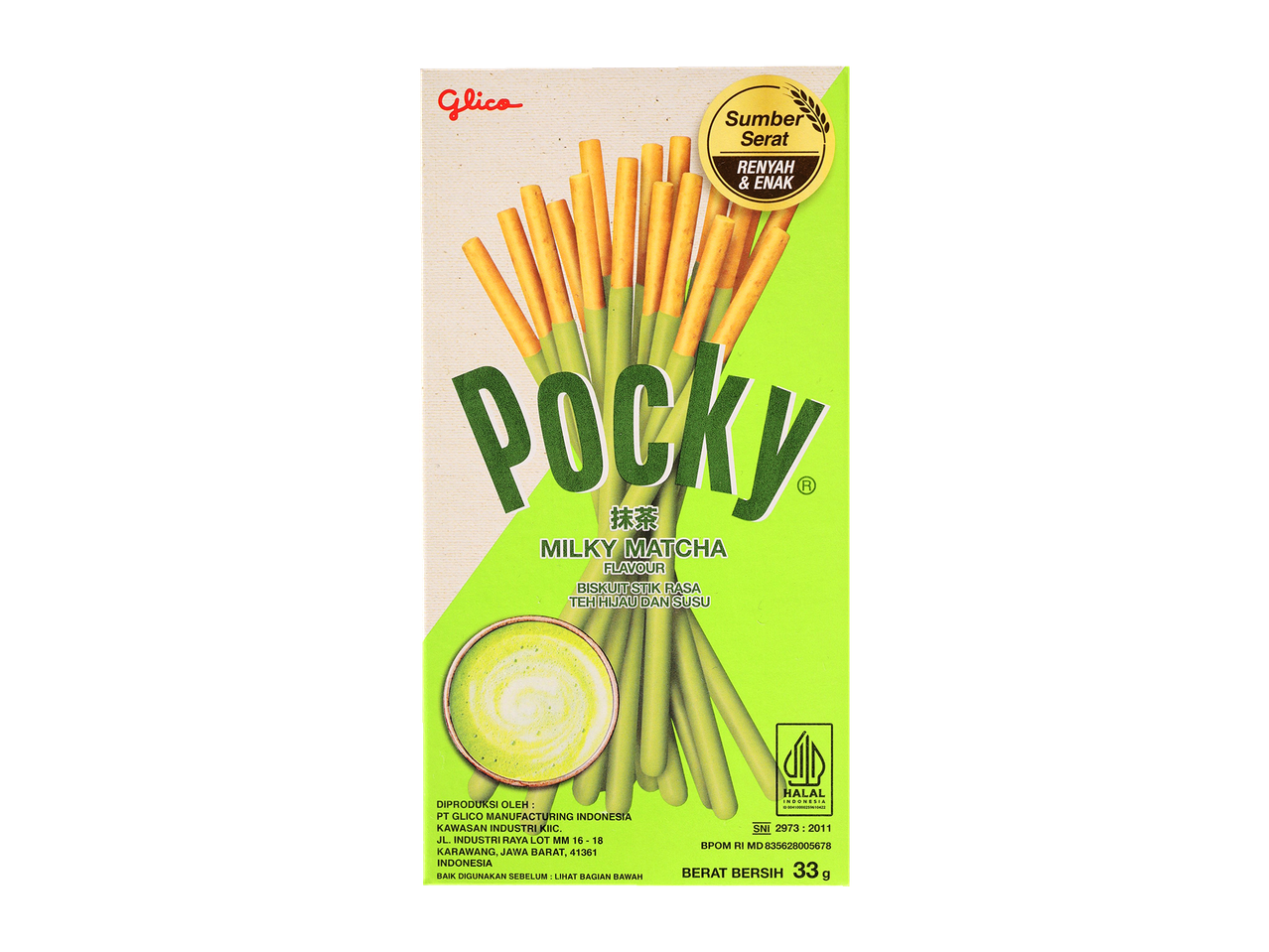 Pocky Milky Matcha biscuit sticks, green tea and milk flavored, 33g.