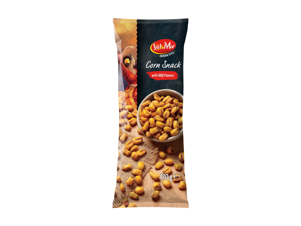 Sol & Mar Geroosterde maïs Corn Snack com sabor a churrasco, embalagem de 170g com dançarina de flamenco.
