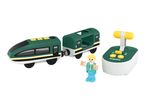 Toy train set with a green engine, passenger car, remote control, and a figure.