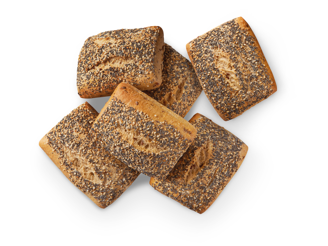 Sesam-Mohn-Brötchen mit verschiedenen Körnern.