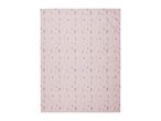 Pink blanket with a delicate pattern of purple, blue, and white wildflowers.