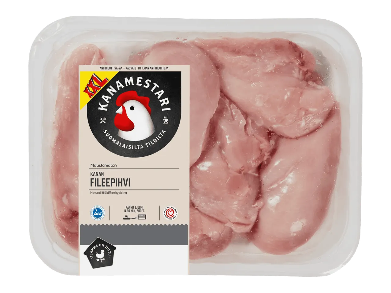 Maustamattomia kanan fileepihvejä pakkauksessa, jossa on tietoa tuotteesta.