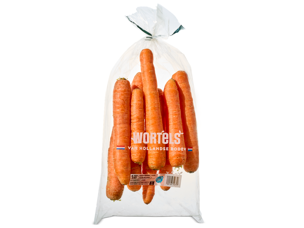 Wortel's wortels uit Hollandse grond in een plastic zak.