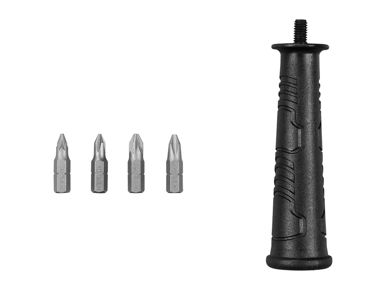 A black screwdriver handle with four interchangeable screwdriver bits.