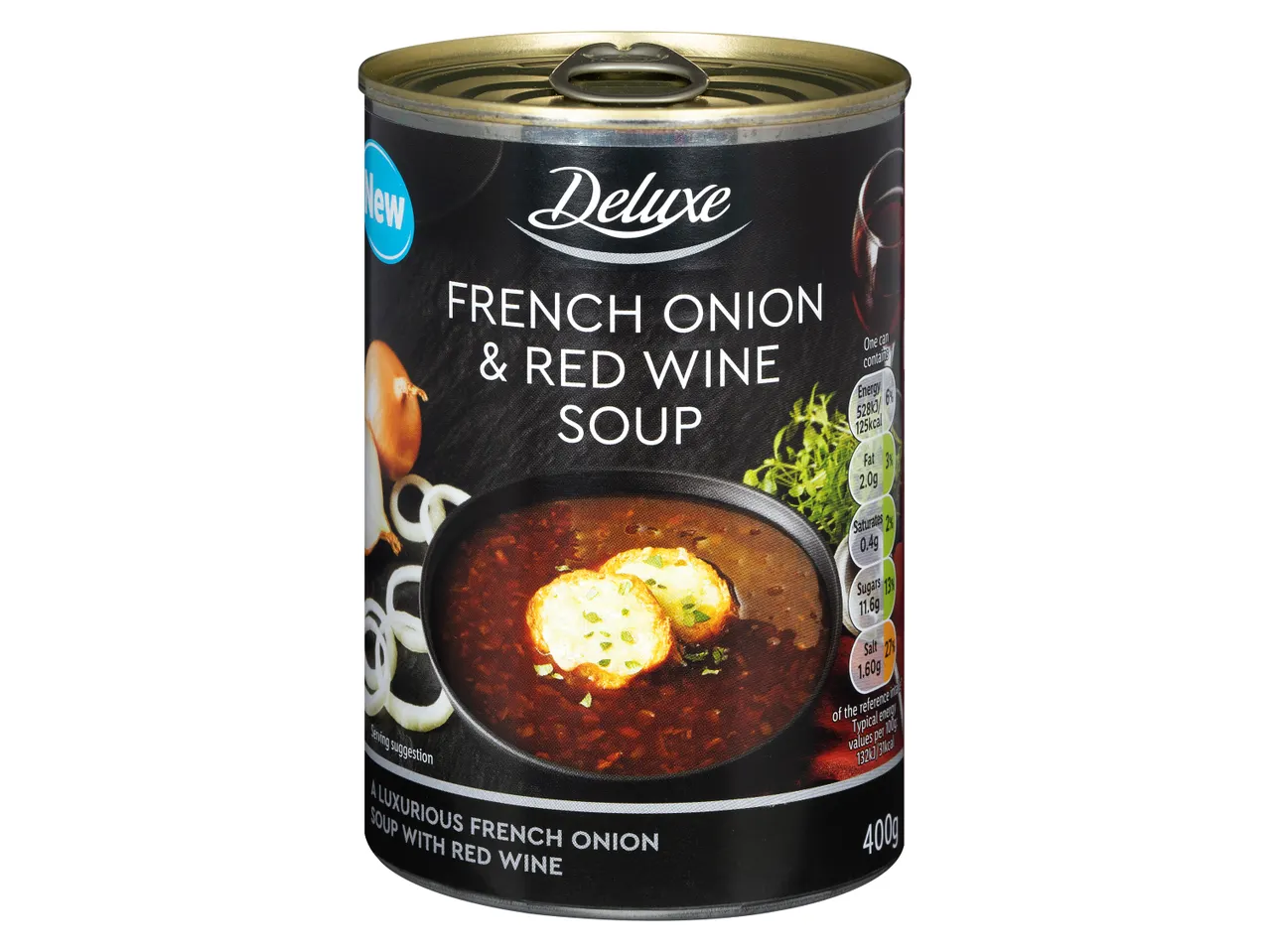 Deluxe French onion & red wine soup in a can.