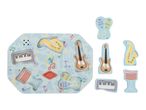Musical instrument puzzle with a keyboard, saxophone, guitar, drum, and maracas.