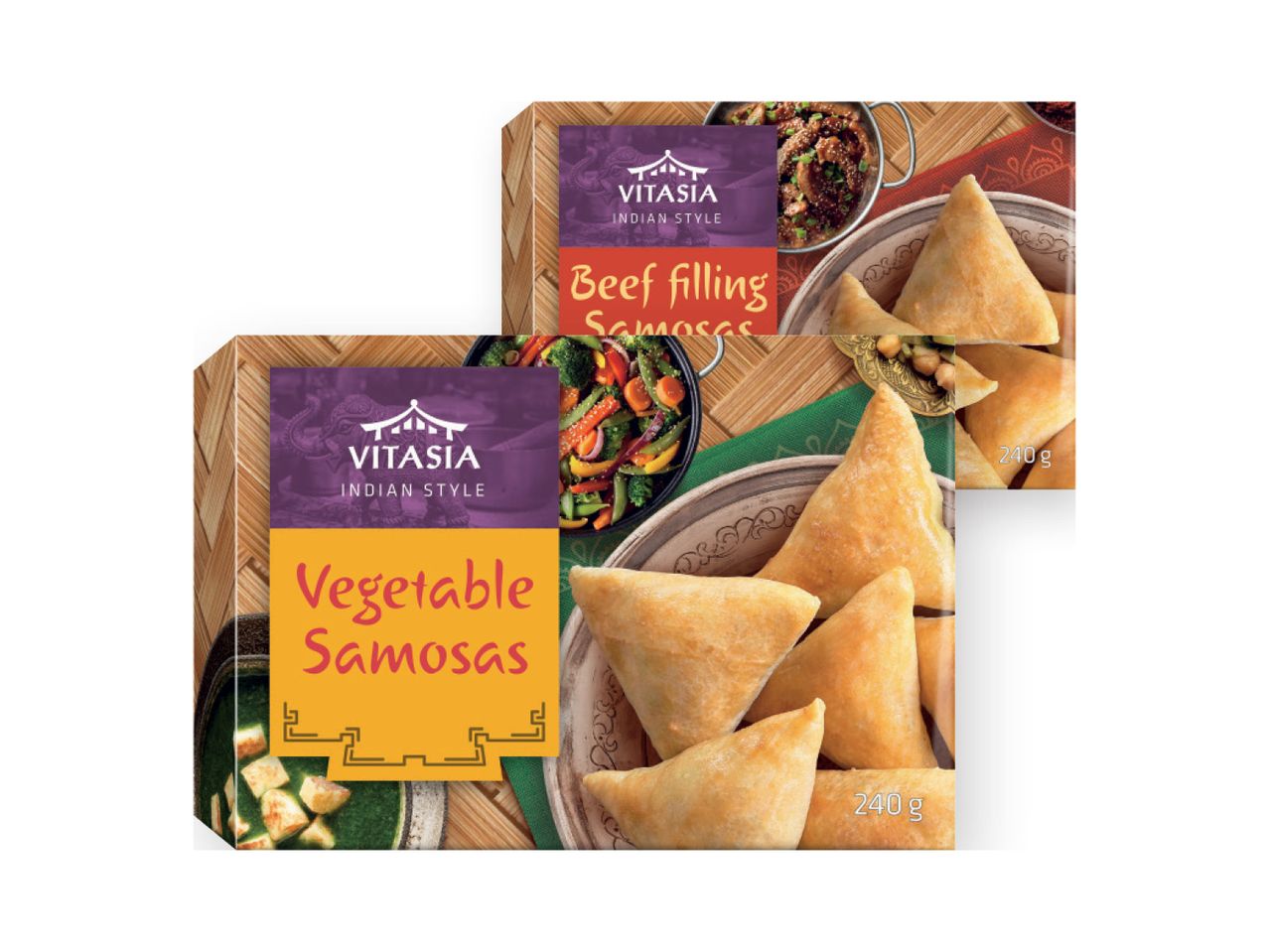 Vitasija Indijos stiliaus daržovių ir jautienos samosų užšaldyti gaminiai.